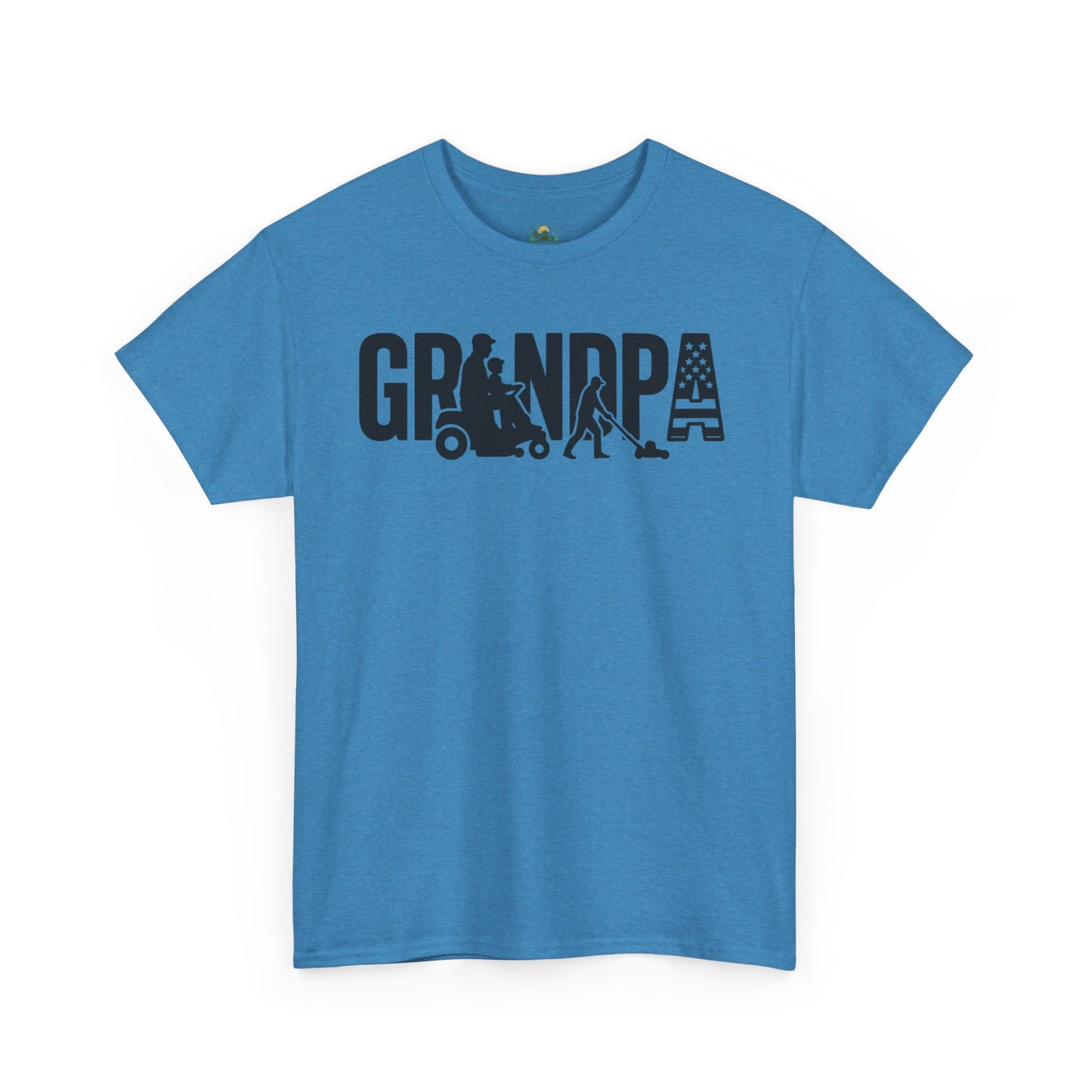 GRANDPA Lawn Mower Silhouette Shirt – Riding Mower with Child, Push Mower, American Flag – Grandpa Gift Tee