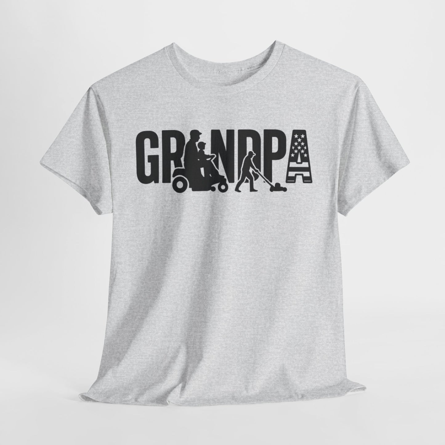GRANDPA Lawn Mower Silhouette Shirt – Riding Mower with Child, Push Mower, American Flag – Grandpa Gift Tee