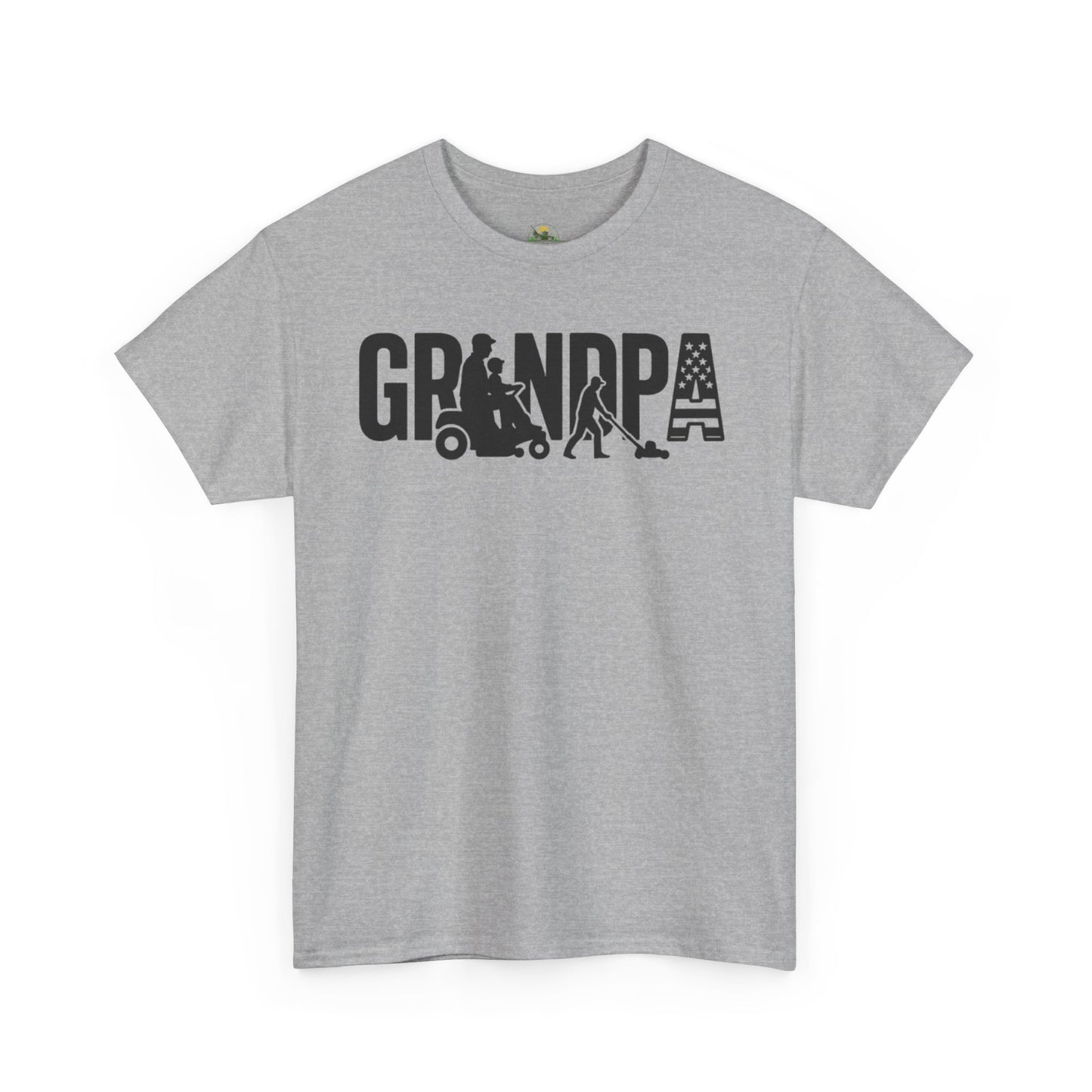GRANDPA Lawn Mower Silhouette Shirt – Riding Mower with Child, Push Mower, American Flag – Grandpa Gift Tee