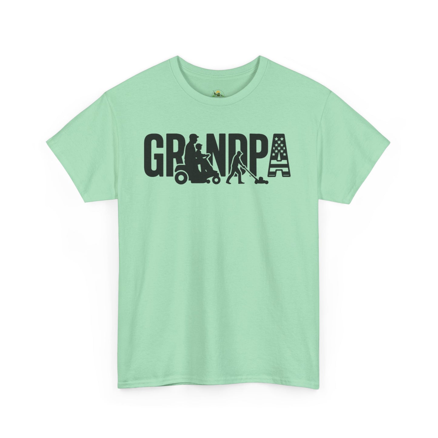 GRANDPA Lawn Mower Silhouette Shirt – Riding Mower with Child, Push Mower, American Flag – Grandpa Gift Tee