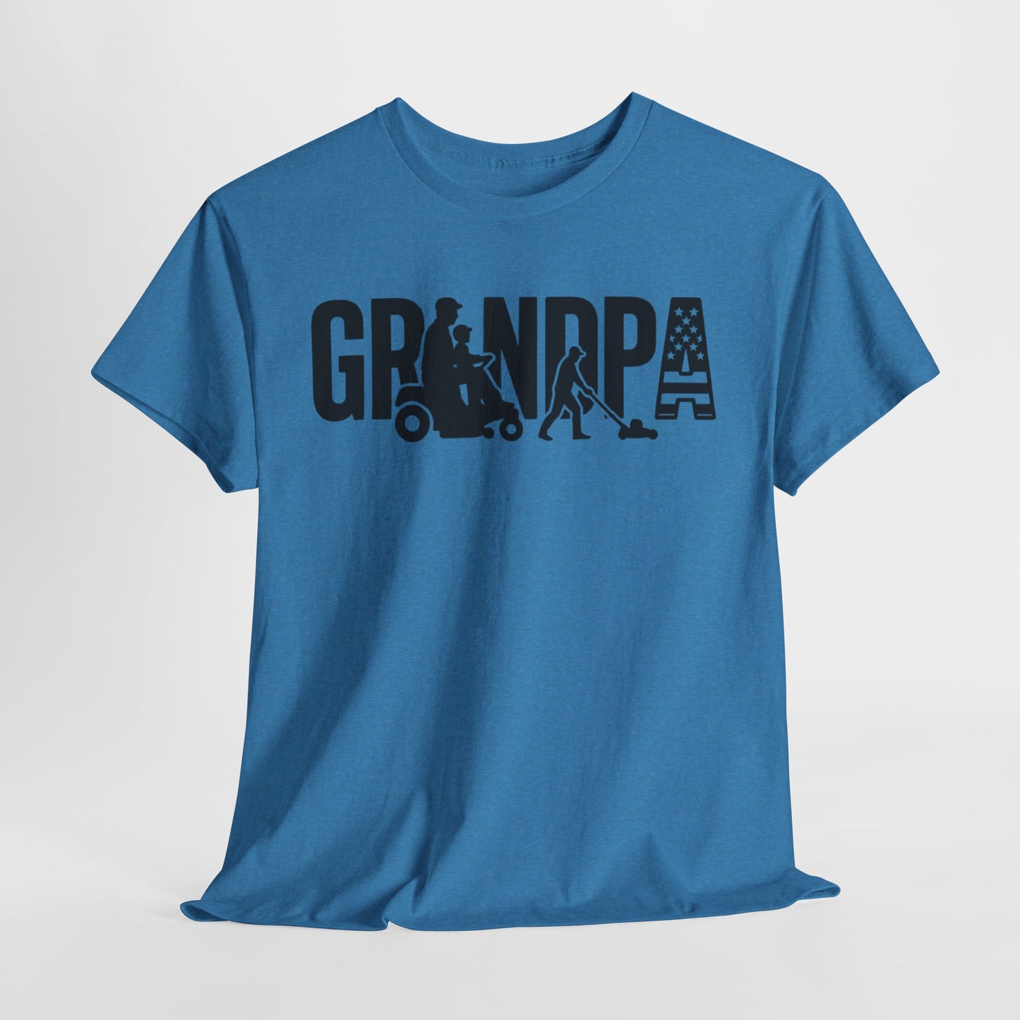 GRANDPA Lawn Mower Silhouette Shirt – Riding Mower with Child, Push Mower, American Flag – Grandpa Gift Tee