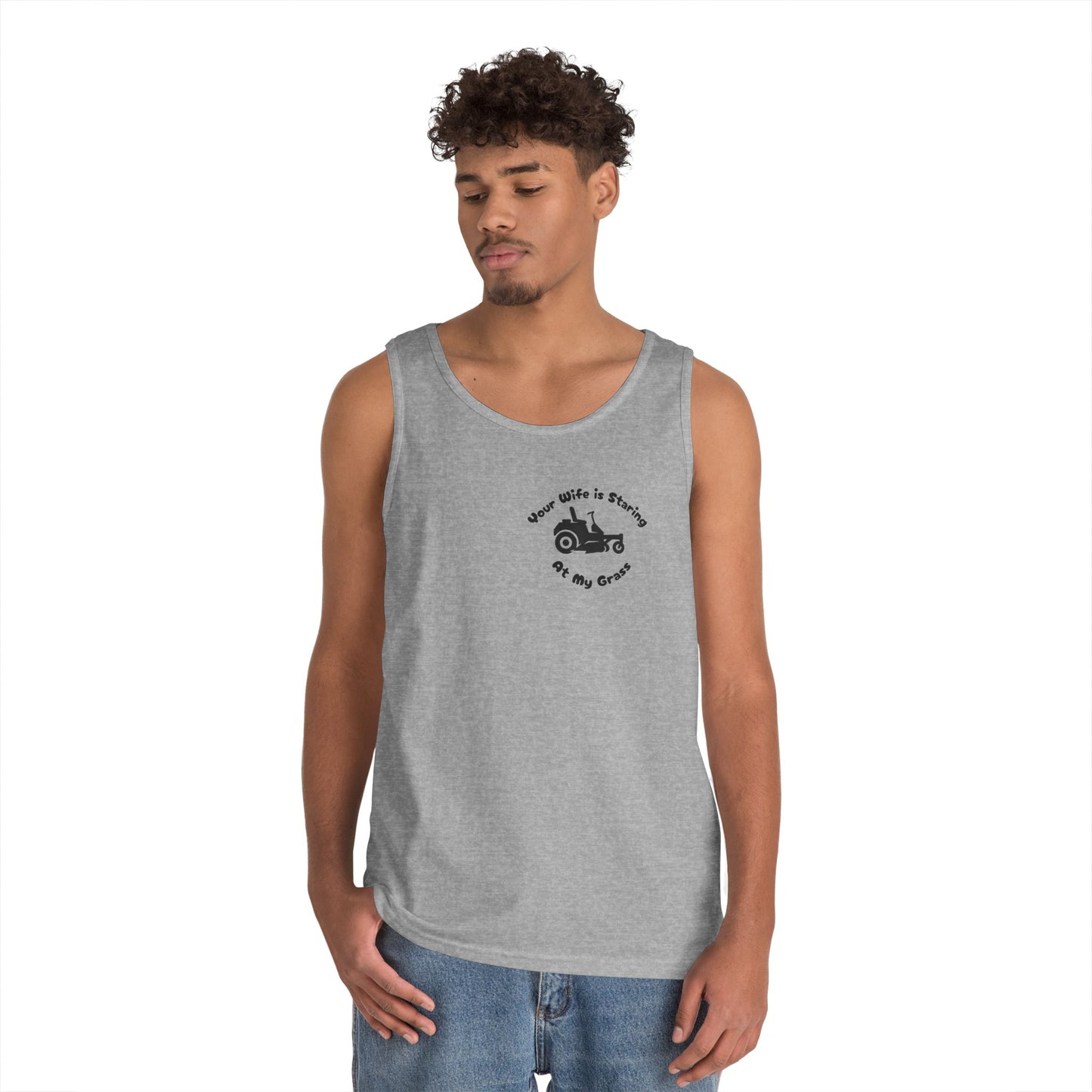 “Your Wife Is Staring at My Grass” Funny Lawn Care Tank Top – Unisex Cotton Sleeveless Shirt