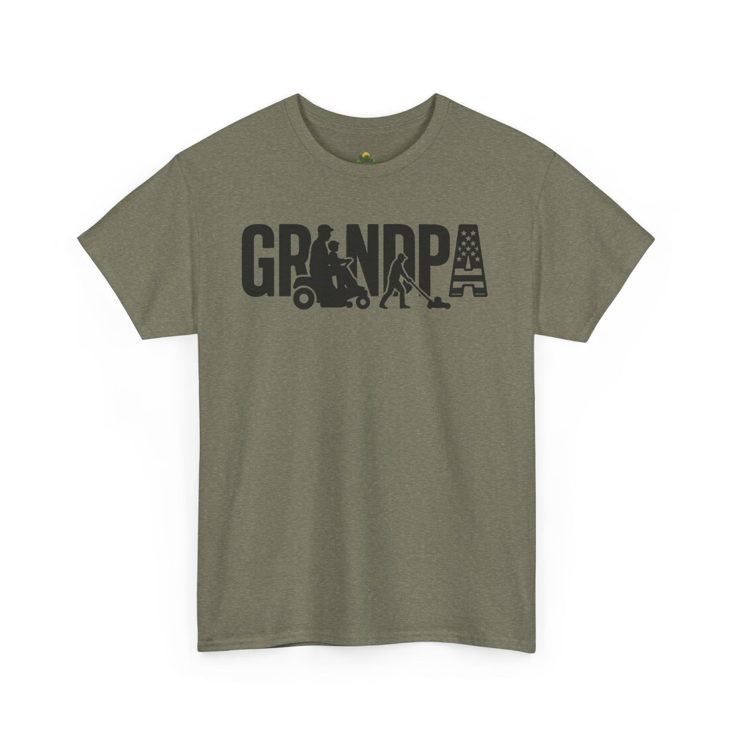 GRANDPA Lawn Mower Silhouette Shirt – Riding Mower with Child, Push Mower, American Flag – Grandpa Gift Tee