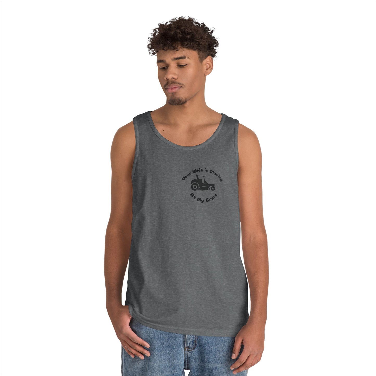 “Your Wife Is Staring at My Grass” Funny Lawn Care Tank Top – Unisex Cotton Sleeveless Shirt