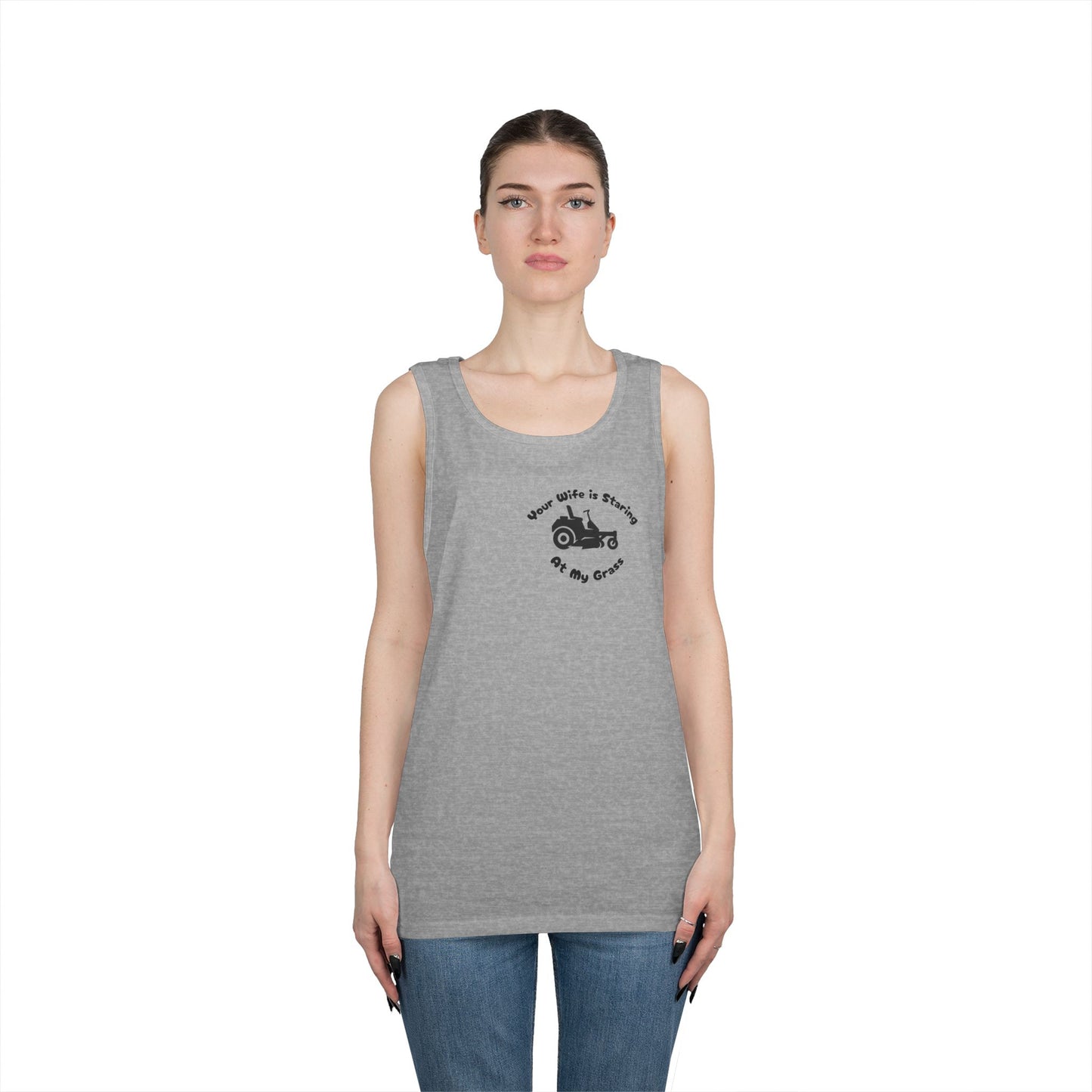 “Your Wife Is Staring at My Grass” Funny Lawn Care Tank Top – Unisex Cotton Sleeveless Shirt