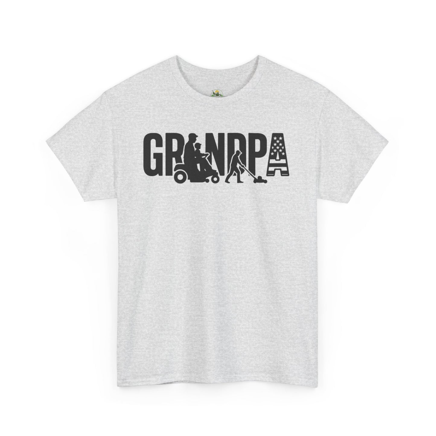 GRANDPA Lawn Mower Silhouette Shirt – Riding Mower with Child, Push Mower, American Flag – Grandpa Gift Tee
