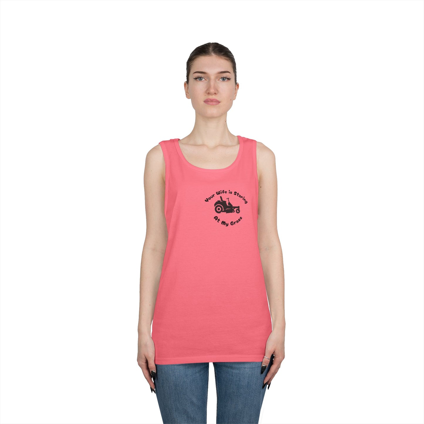 “Your Wife Is Staring at My Grass” Funny Lawn Care Tank Top – Unisex Cotton Sleeveless Shirt