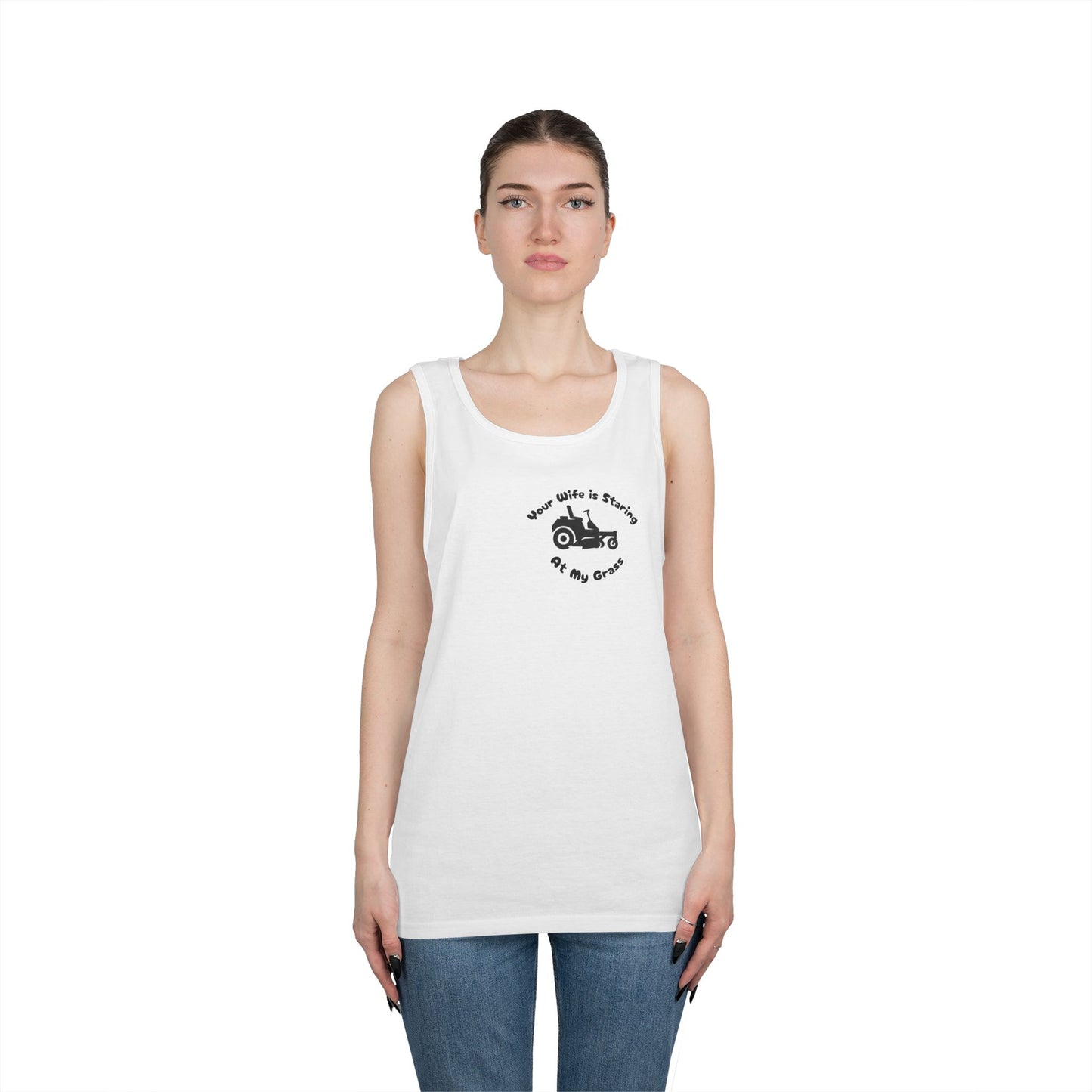 “Your Wife Is Staring at My Grass” Funny Lawn Care Tank Top – Unisex Cotton Sleeveless Shirt