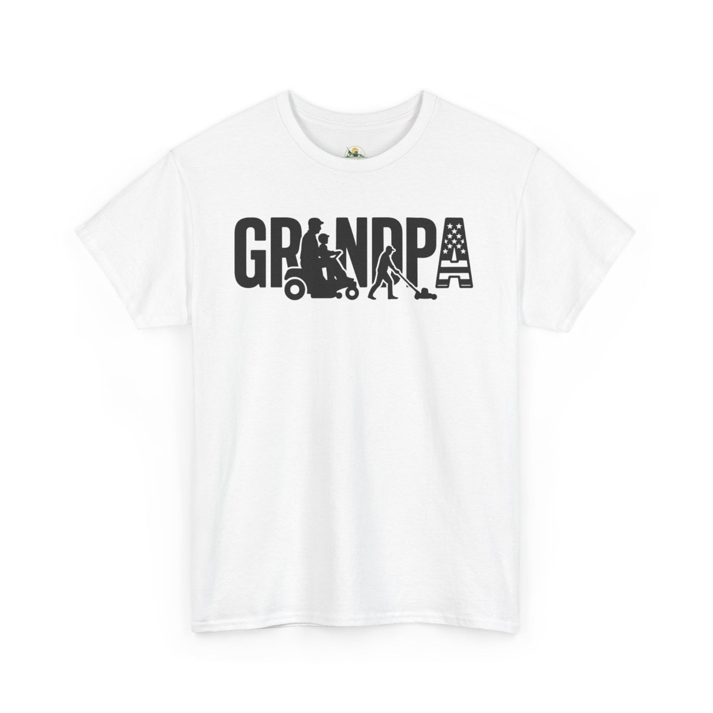 GRANDPA Lawn Mower Silhouette Shirt – Riding Mower with Child, Push Mower, American Flag – Grandpa Gift Tee
