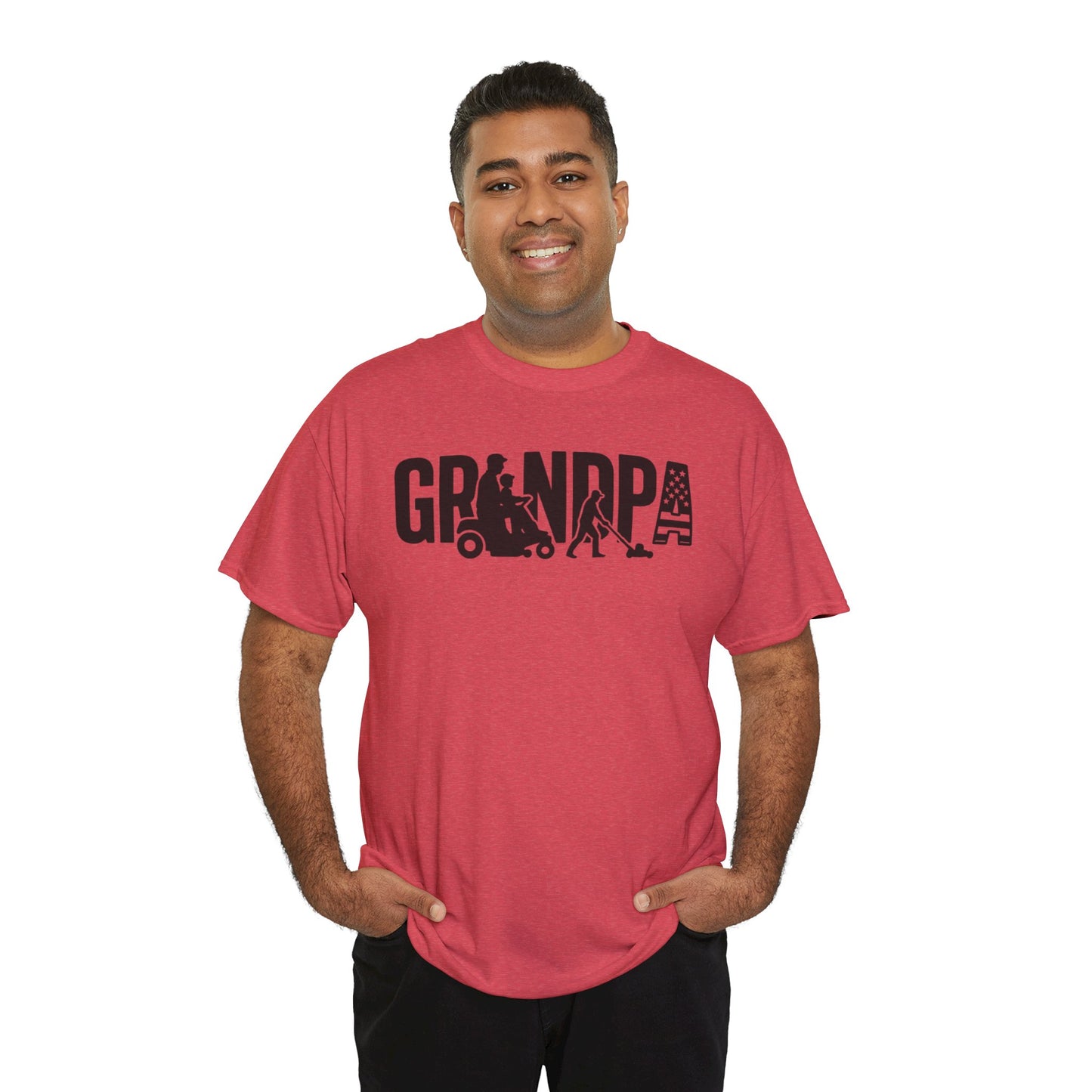 GRANDPA Lawn Mower Silhouette Shirt – Riding Mower with Child, Push Mower, American Flag – Grandpa Gift Tee