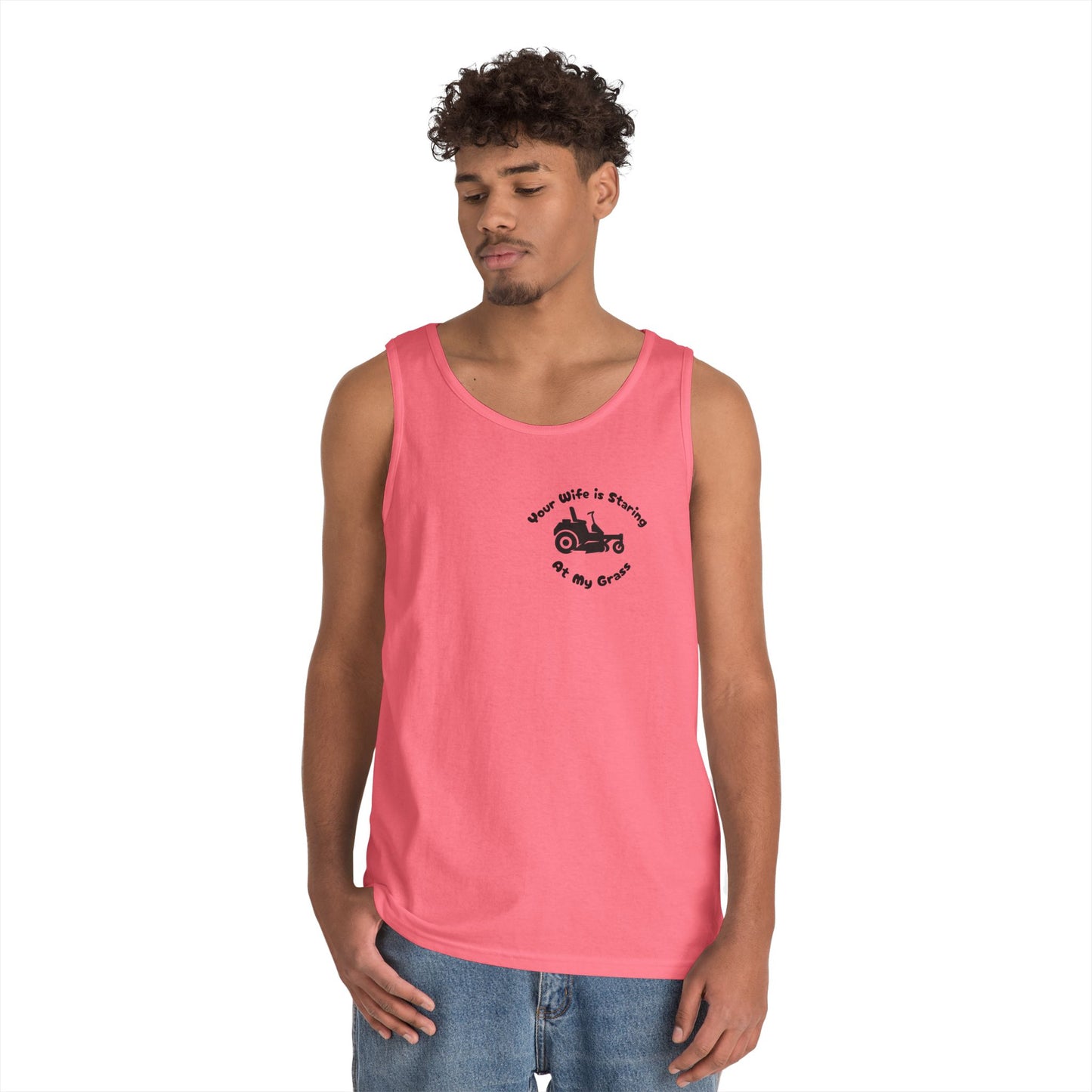 “Your Wife Is Staring at My Grass” Funny Lawn Care Tank Top – Unisex Cotton Sleeveless Shirt