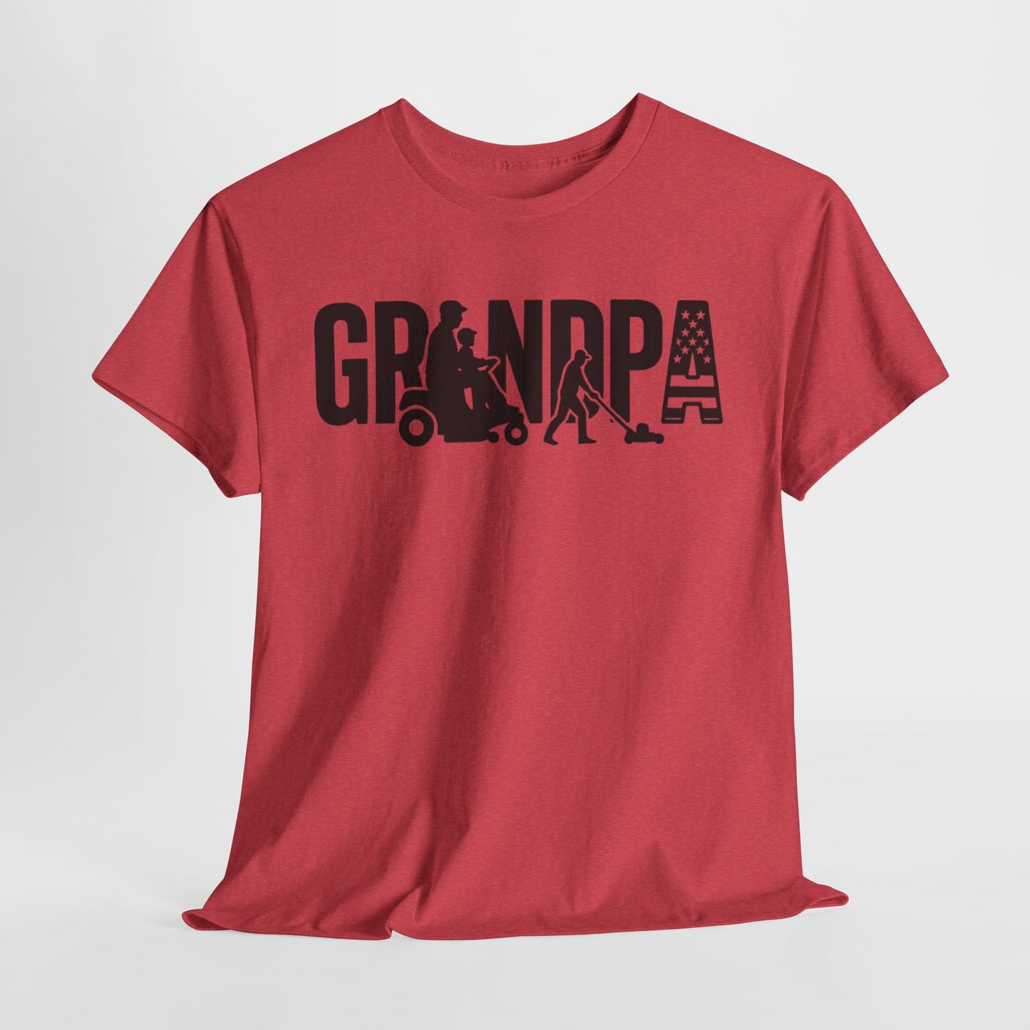 GRANDPA Lawn Mower Silhouette Shirt – Riding Mower with Child, Push Mower, American Flag – Grandpa Gift Tee