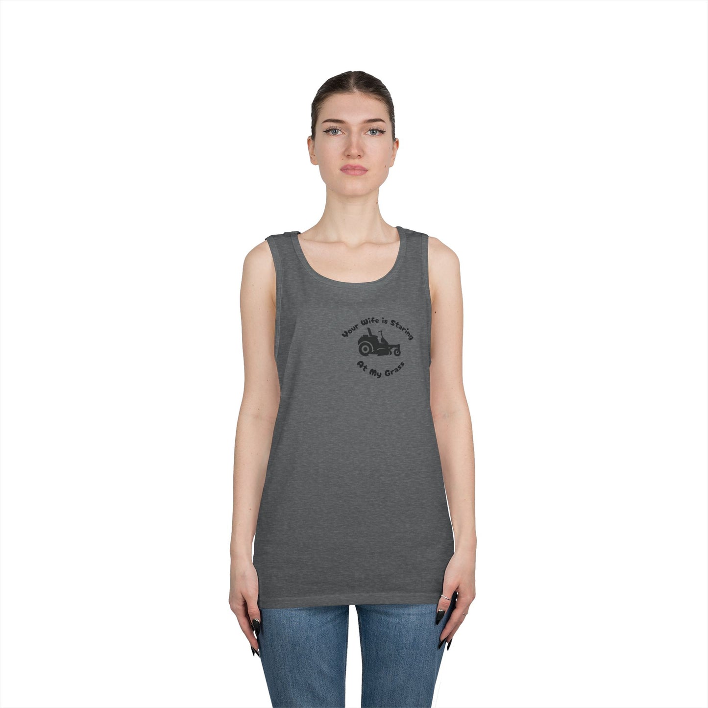 “Your Wife Is Staring at My Grass” Funny Lawn Care Tank Top – Unisex Cotton Sleeveless Shirt