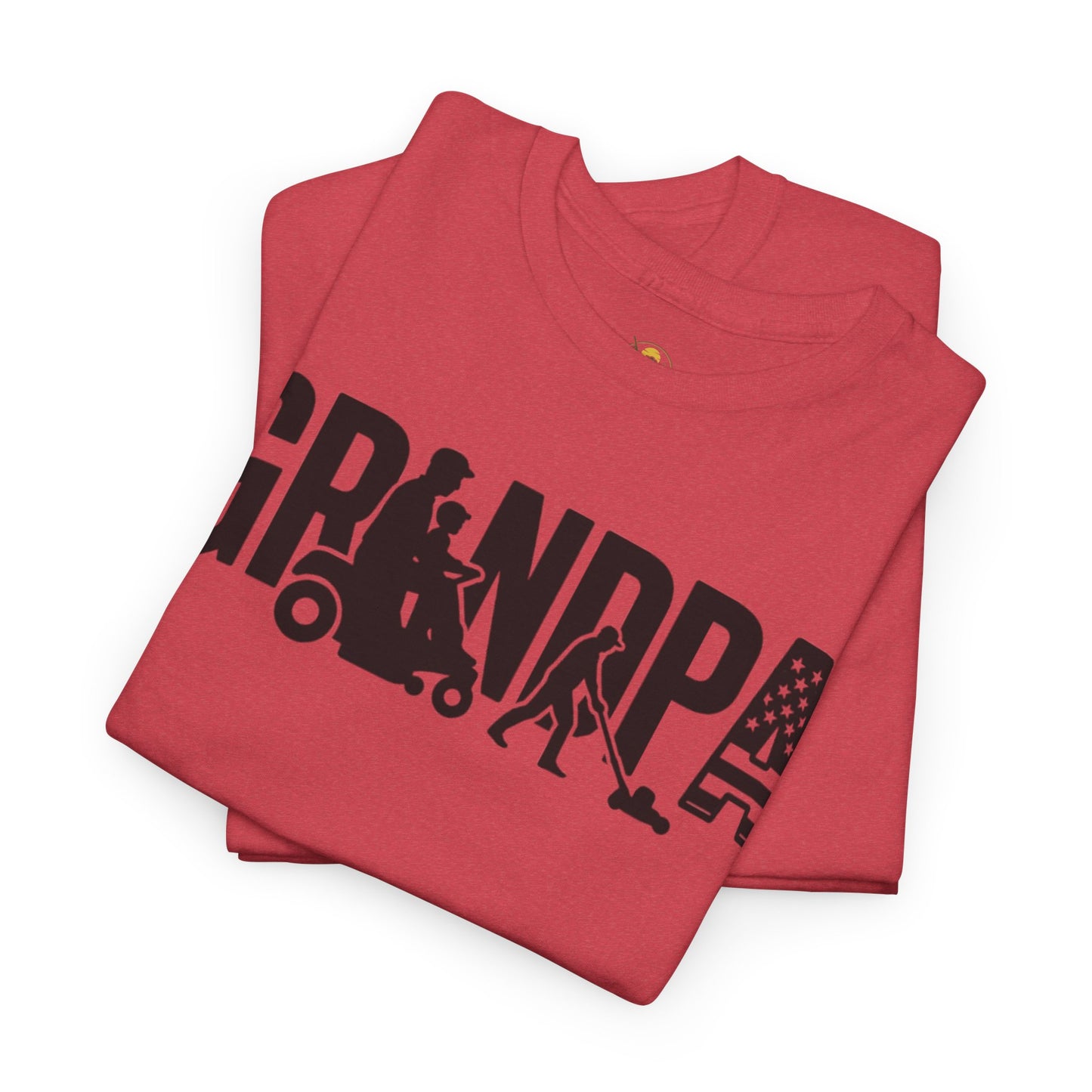 GRANDPA Lawn Mower Silhouette Shirt – Riding Mower with Child, Push Mower, American Flag – Grandpa Gift Tee